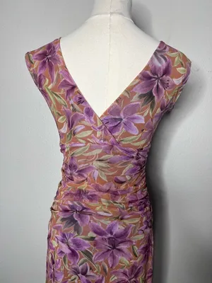 90s Vintage Purple Floral Mesh V Neck Ruched Drop Waist Dress Preppy Party thumbnail 4