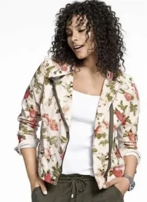 Lane Bryant Floral‎ Moto Jacket Asymmetrical Zip Up Pockets White Pink Size 16 thumbnail 1