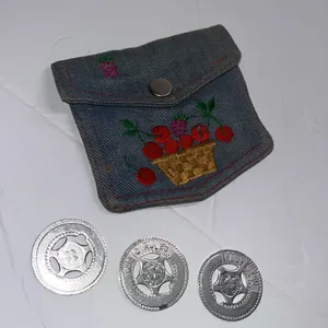 Vintage denim cherry basket coin purse • button pouch • with lucky coins thumbnail 6