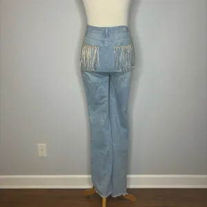 Nasty Gal- Blue Flare Jeans with Stars + Rhinestone Fringe on Back Pockets thumbnail 3