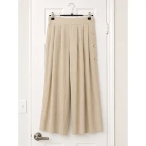 Condor Linen Blend Wide Leg Cropped Pants Beige Button Detail High Rise Size 5/6 thumbnail 3