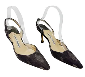 Manolo Blahnik Vintage Slingback Kitten Heels 37.5 Brown Fabric Pointed Toe thumbnail 1