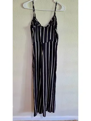 Forever 21 Striped Spaghetti Strap Wide Leg Jumpsuit Black White Small W-261 thumbnail 2