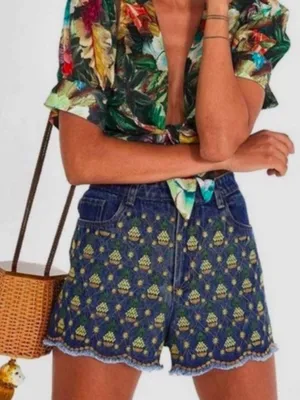 Farm Rio Pineapple Embroidered Denim Shorts XS thumbnail 1
