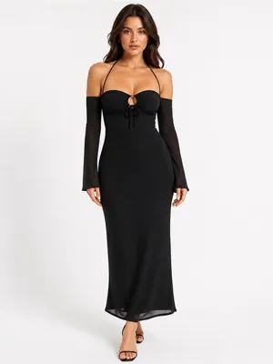 Runaway The Label Black Halter Mesh Sleeve Maxi Dress US Size 10 Gothic Formal thumbnail 8