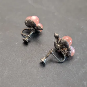 Vintage Screw On Earrings Pink Trio with Clear Gem Accents - Tarnished thumbnail 4