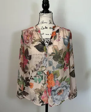 Anthropologie Fig + Flower Floral Print Button Down Long Sleeve Blouse Small S thumbnail 2