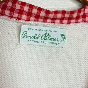 Vintage 60s 70s Arnold Palmer White Cardigan Sweater w/ Red Gingham Trim preppy thumbnail 2