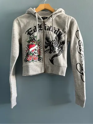 Ed Hardy Cropped Full-Zip Grey Hoodie thumbnail 1