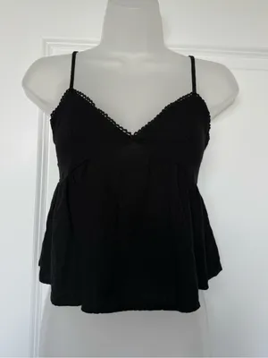 Newbury Kustom Black Linen Blend Lace Trim Peplum Cami Top Open Tie Back Small thumbnail 1