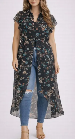 Boutique+ Floral High-Low Duster Kimono Black Women’s Size 1X thumbnail 1