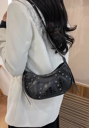 Black Faux Croc-Embossed Shoulder Bag with Stud Detail thumbnail 1
