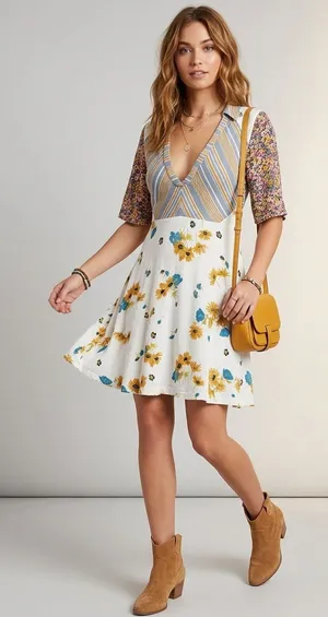 Free People Mix It Up floral striped v neck boho babydoll mini dress 4. thumbnail 1