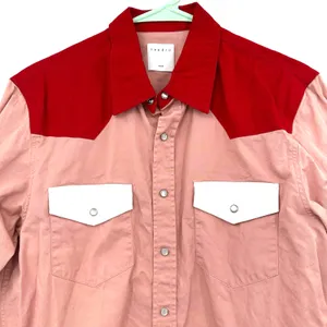 Sandro Size Small Long Sleeve Button Up Blouse Top Shirt Pink Red White Western‎ thumbnail 3