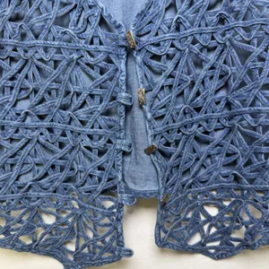 VTG Y2K Women 100% Cotton Western Vest Large Blue Denim Lattice Crochet Cowgirl‎ thumbnail 2