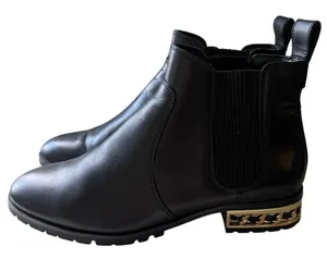 Karl Lagerfeld Paris Black Leather Chelsea Booties Gold Chain Lug Sole 7.5 thumbnail 1