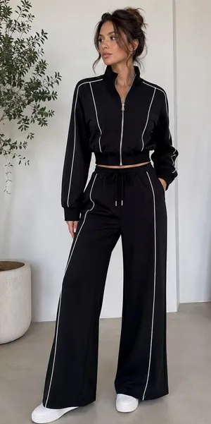New 2 Piece Set Black Straight-leg Zip Feont Top thumbnail 1