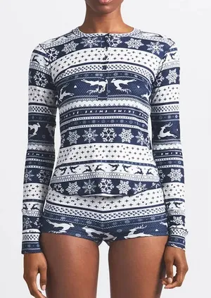 Skims Fair Isle Plush Pointelle Pajama Top in Navy size Small (S) thumbnail 1