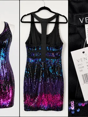 NWT Venus Sequin Bodycon Dress Medium Black Purple Pink Iridescent Party Dress thumbnail 3