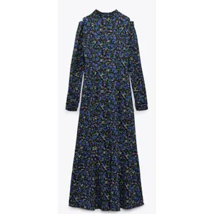 Zara Womens Blue Floral Cold Shoulder Mock Neck‎ Long Sleeve Midi Dress Large thumbnail 8
