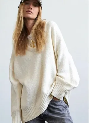 FREE PEOPLE‎ Brookside Tunic Sweater Ivory Slouchy Solid Knitwear Scoop Large thumbnail 1