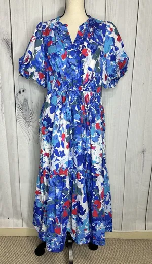 Sugarlips Floral Ginny Bubble Sleeve Midi Dress Sz M V-Neck Drawstring Waist thumbnail 1