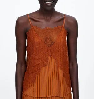 ZARA Orange and black lace striped spaghetti strap top never worn thumbnail 1