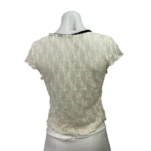 Kimchi Blue Womens White Floral Lace V-neck Short Cap Sleeve Sheer Blouse Top L thumbnail 3