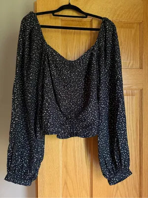 A New Day Black Polka Dot Ruched Balloon Sleeve Crop Blouse Women’s Size XL thumbnail 2