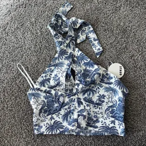 Staud Blue & White Crossover Halter Top thumbnail 1