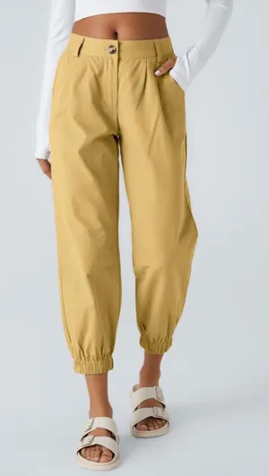 Halara Mid Rise Casual Joggers Yellow Jasmine 100% Cotton Utility Womens Medium thumbnail 1