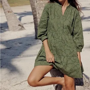 Zara Embroidered Eyelet Tiered Mini Dress Sz Small Floral‎ Vacation Beach thumbnail 6