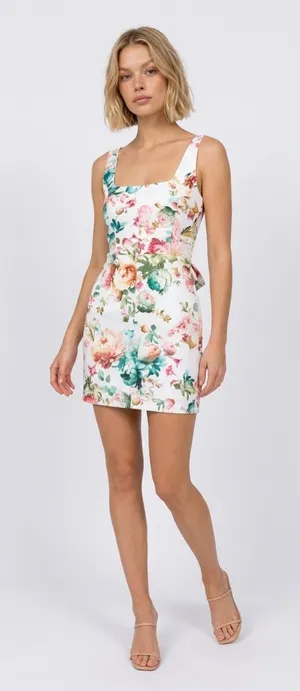 Siena Floral Print Square Neck Sleeveless Tie Waist Mini Dress Size 8 thumbnail 1
