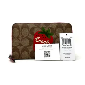 Coach Medium Id Zip Wallet Signature Canvas Wild Strawberry Khaki Red CH529 thumbnail 2
