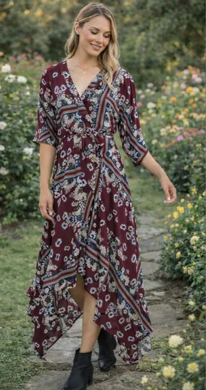Lulu's Burgundy Boho Maxi Vacation Garden Party Wedding Guest dress size medium thumbnail 1