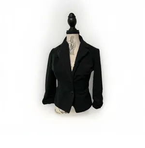 Vintage Y2K Black Blazer Jacket Fitted Ruched Sleeve Office Siren Goth Size 4 thumbnail 2