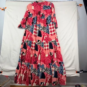 Zury Maxi Dress Womens OSFM Pink Mixed Print Tiered Boho Artsy Bell Sleeve Flowy thumbnail 2