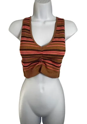 Aerie Brown Pink Striped Ribbed Ruched‎ Front Crop Tank Top XL Retro Y2K Indie thumbnail 1