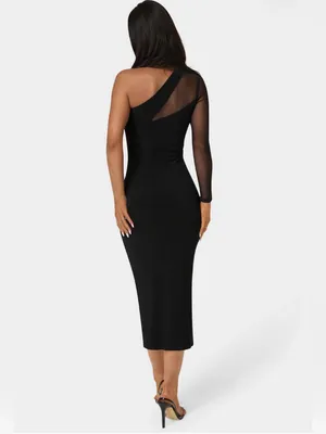 Bebe Women's One Shoulder Mesh Insert Midi Dress Black Dress Size L thumbnail 3