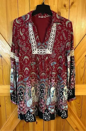 Entro Anthropologie Boho Lace Tunic Shift Dress Red Floral Women Small (0948) thumbnail 1