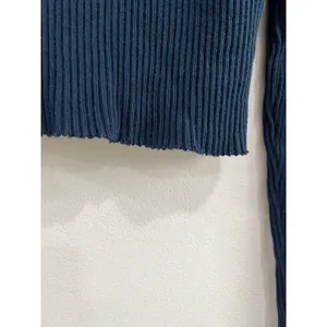 Brandy Melville Navy Ribbed Crop Sweater‎ Raw Hem V Neck Cotton Top OS thumbnail 3