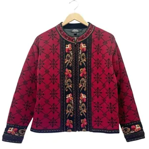 Icelandic Design Wool Cardigan Sweater M Red Nordic Embroidered Floral Full Zip thumbnail 2