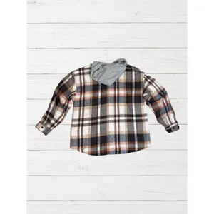 Cabincore Plaid Hooded Shacket Brown Cream Button Front Cozy Rustic L NWT thumbnail 3