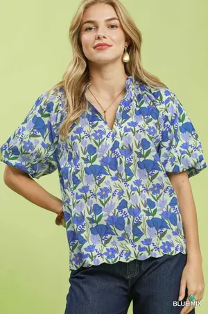 Umgee Floral Puff Sleeve Blouse with Scalloped Details‎ - Medium thumbnail 1
