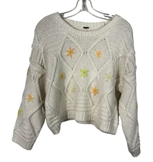 Free People Ivory Cable Knit Fisherman Floral Embroidered Cropped Sweater XL thumbnail 1