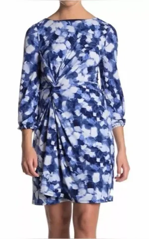 London Times Petites Blue Abstract Print Knot Front Dress – Size 4P thumbnail 1
