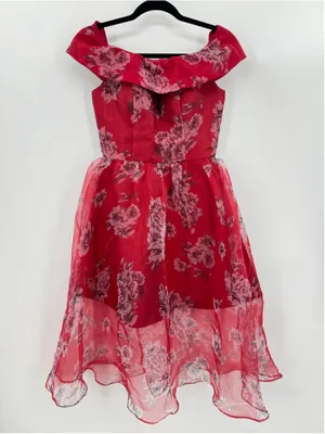 Chi Chi Red Dress Gray Floral Mini Skirt Midi Sheer Overlay Off Shoulder Size 4 thumbnail 1