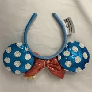 Disney Parks Blue White Polka Dot Sequin Minnie Ears Headband Flower Mickey Cute thumbnail 4