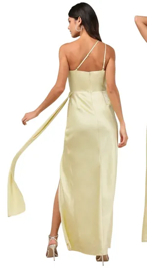 Lulus Signature Elegance Pale Yellow Satin One-Shoulder Maxi Dress size XS NWT thumbnail 1