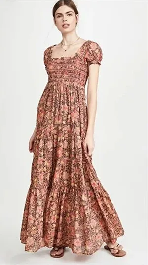 Smocked Floral Maxi Dress in Rust Pink thumbnail 1